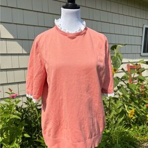 Boden Coral Short Sleeve Top with Lace Trim